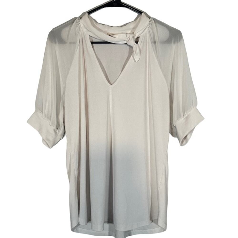 NY & Co 7th Avenue Women’s White Tie V-Neck Blouse with Sheer Short Sleeves LG